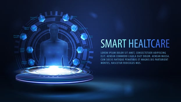 Online medicine, blue banner with silhouette of human on blue podium vector