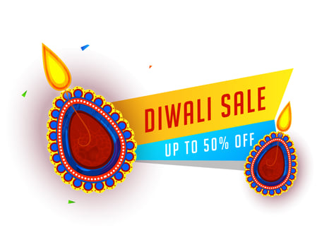 Diwali Sale banner or poster design with discount offer and illuminated oil lamps on white background. vector