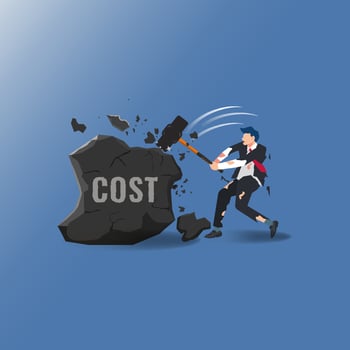 Businessman shooting the flying balloon with the word DEBT. Settle debts concept vector illustration