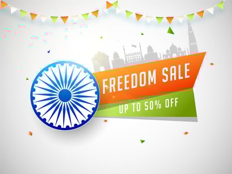 Modern strips for text Freedom Sale on white background with Ashoka wheel. Sale design poster or banner for Independence Day Celebration. vector