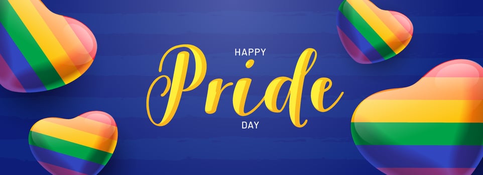 Happy Pride Day celebration header or banner design decorated with colorful hearts shape on blue background. vector
