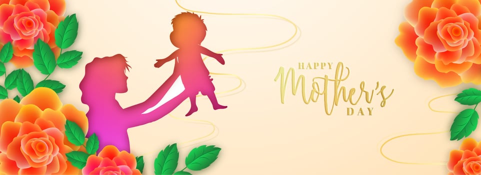 Beautiful rose flowers decorated header or banner design with paper cut characters of mother loving her child for Happy Mother's Day celebration. vector