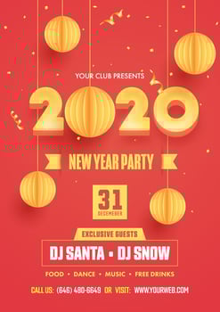 New Year Party Flyer Design with 3D Yellow 2020 Text and Hanging Paper Cut Baubles Decorated on Red Background. vector