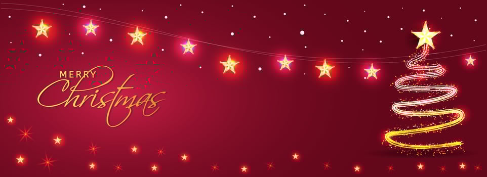 Red header or banner design decorated with golden stars and creative xmas tree made by glitter lighting effect for Merry Christmas celebration. vector