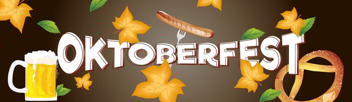 Oktoberfest header or banner design, beer mug, sausage with fork and pretzel, leaves on glossy brown background. vector