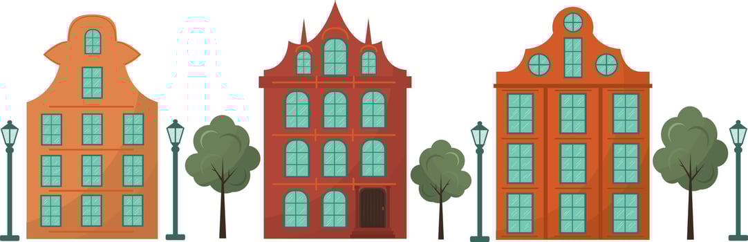 Clipart with beautiful houses and lanterns. High quality vector illustration.