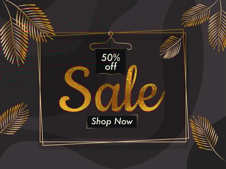 Sale poster or template design with discount offer on black background decorated with golden palm leaves. vector