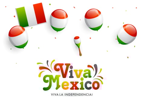 Viva Mexico Independent Day celebration banner or poster design decorated with balloons, maracas in Mexican flag color. vector
