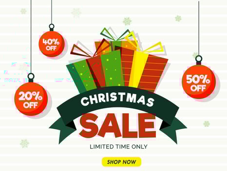 Christmas Sale banner or poster design with different discount offers and gift boxes on white background. vector