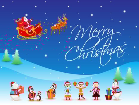 Merry Christmas celebration poster design with illustration of santa riding reindeer sleigh, children, penguin, polar bear and gift boxes on blue snowfall landscape background. vector