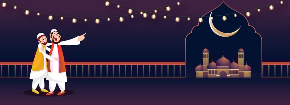 Cartoon character of happy men's hugging each other and seeing moon in occasion of Eid-Al-Fitr Festival. Poster or banner design. vector