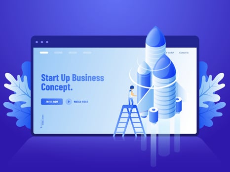 Advertising blue website poster or landing page design, 3d illustration of human standing on ladder with rocket for Start Up Business concept. vector