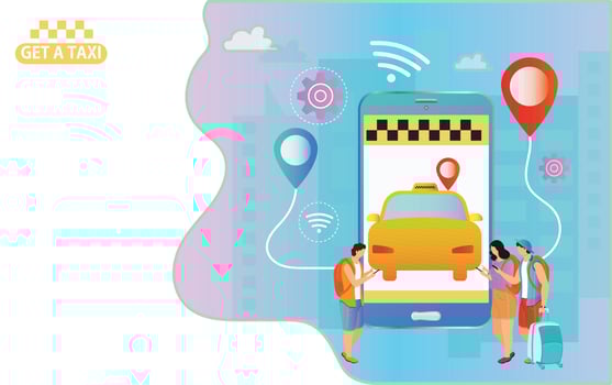 Isometric illustration of people booking a cab using location app in smartphone for Taxi Service concept. vector