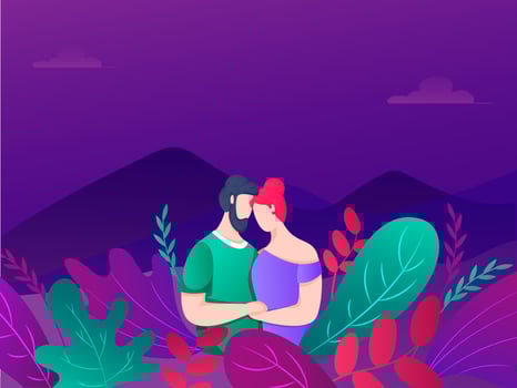 Faceless Young Couple on Colorful Nature Landscape Background. vector