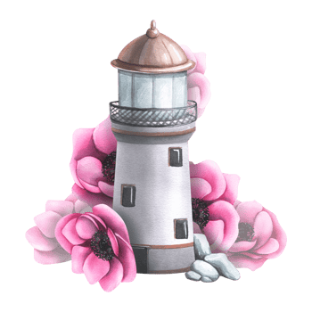 Sea lighthouse with pink anemone flowers. Watercolor illustration, hand drawn. Isolated composition. For stickers, prints, posters, postcards. png