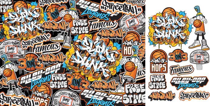 A set of colorful sticker art designs of the street basketball illustrations in graffiti style. Graffiti sticker design artwork vector