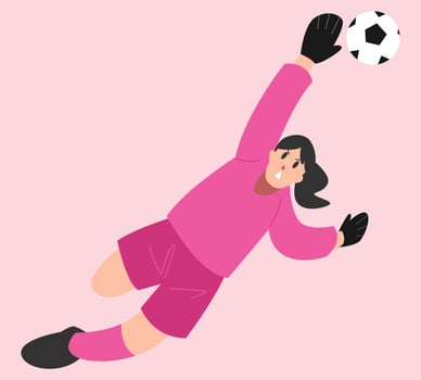 Female goalkeeper trying to catch a soccer ball. Playing football, soccer. Vector flat illustration.