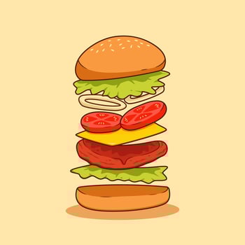flying ingredient of burger fast food illustration with beef meat, cheese sheet, onion slice, tomato, lettuce and bun bread sandwich vector