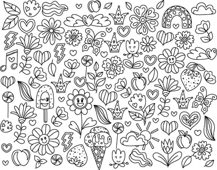 Think positive. Hand drawn coloring pages for kids and adults. Beautiful drawings with patterns. Doodle background. Coloring book pictures with blooming flowers, smiles. vector