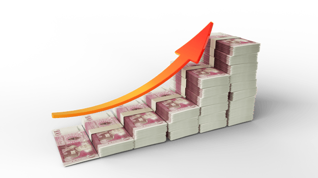Financial growth sign made of stacks of 100 Tongan Paanga notes. 3D Rendering of Tongan money arranged in the form of a bar graph isolated on transparent background png