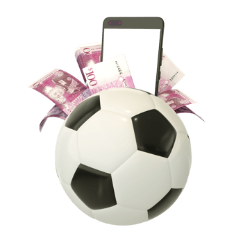 3d rendering of 100 Tongan Paanga notes and phone behind soccer ball. Sports betting, soccer betting concept isolated on transparent background. mockery png