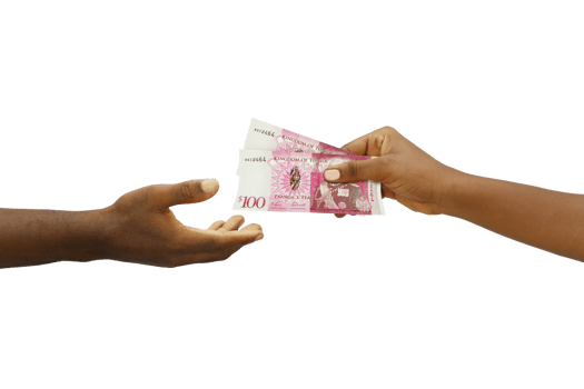 Hand giving 3D rendered Tongan Paanga notes to another hand. Hand receiving money png