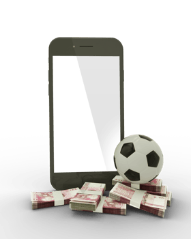 3D rendering of a mobile phone with soccer ball and stacks of 100 Tongan Paanga notes isolated on transparent background. png