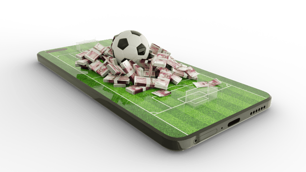 3d rendering of Mobile phone Soccer betting. Football and 100 Tongan Paanga notes on phone screen. Soccer field on smartphone screen isolated on transparent background. bet and win concept png