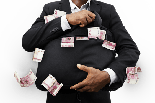Black Businessman holding black bag full of Tongan Paanga notes isolated on transparent background, money falling from bag png