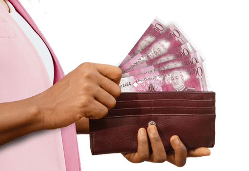 fair Hand Holding brown Purse With Tongan Paanga notes, hand removing money out of purse isolated on transparent background png