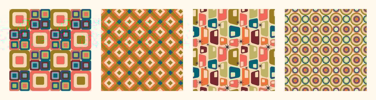 Set of Aesthetic mid century printable seamless pattern with retro design. Decorative 50s, 60s, 70s style Vintage modern background in minimalist mid century style for fabric, wallpaper or wrapping vector