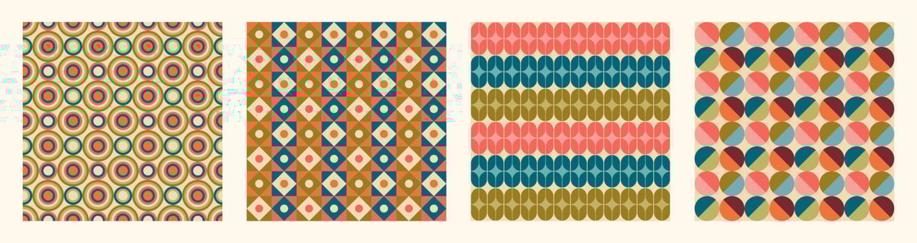 Set of Aesthetic mid century printable seamless pattern with retro design. Decorative 50s, 60s, 70s style Vintage modern background in minimalist mid century style for fabric, wallpaper or wrapping vector