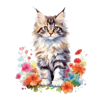 Watercolor painting of Cute Maine Coon Kitten isolated transparent background, Digital art, image file format, png