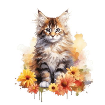 Watercolor painting of Cute Maine Coon Kitten isolated transparent background, Digital art, image file format, png