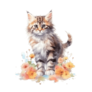 Watercolor painting of Cute Maine Coon Kitten isolated transparent background, Digital art, image file format, png