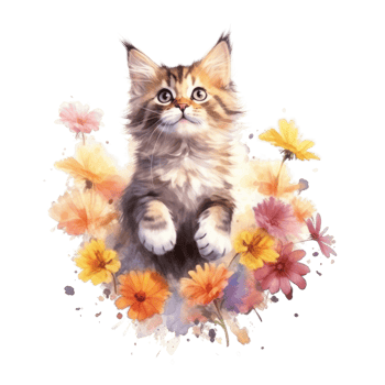 Watercolor painting of Cute Maine Coon Kitten isolated transparent background, Digital art, image file format, png