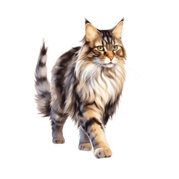 Watercolor painting of Maine Coon Cat isolated transparent background, Digital art, image file format, png