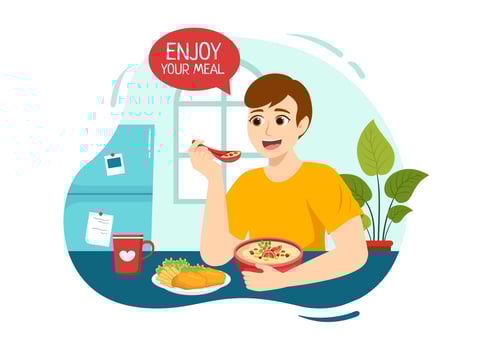 Enjoy Your Meal Vector Illustration a Variety of Delicious Food in Home or Restaurant in Flat Cartoon Hand Drawn Landing Page Background Templates