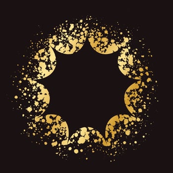 Abstract explosion shape gold ink splatter frame. Golden paint spray graffiti stencil border template. vector