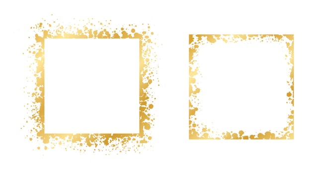 Abstract Square Gold Ink Splatter Frame Set. Golden foil spray border template. vector