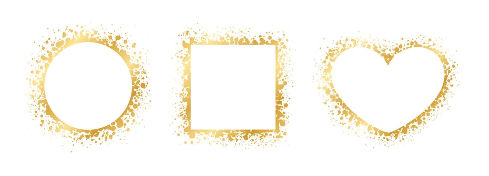 Abstract Gold Ink Splatter Frame Set. Golden foil spray geometric border template. vector