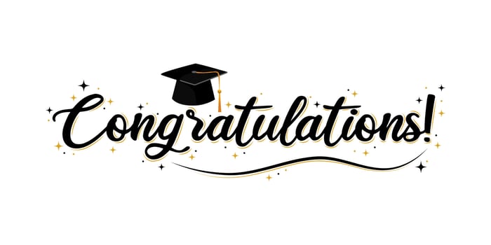 Congratulations greeting sign vector illustration. Congrats Graduated. Handwritten modern brush lettering with academic cap. Text for card, T-shirt print, banner, poster.