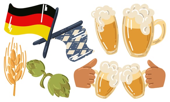 Mini set for Oktoberfest - glasses of beer, flags of Germany and Bavaria, a glass of beer, people with beer are minted, hops, grain. Flat vector illustration for a holiday