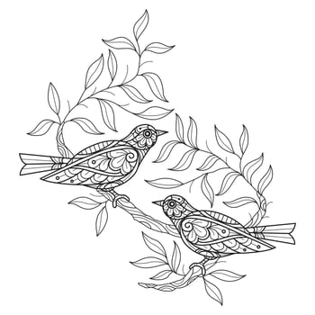 Birds and leaf hand drawn for adult coloring book vector