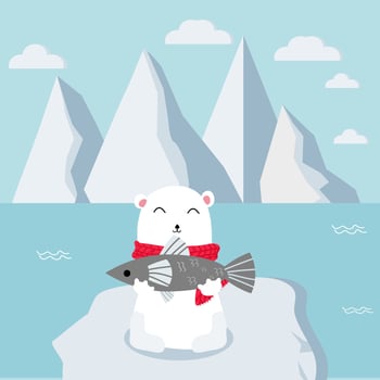 Polar bear with red scarf catching fish. vector