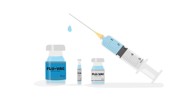 Medical syringe vector set. Vaccine vector set. Plastic syringe with blue liquid vector isolated on white background. Medical tool for injection. Flat vector in cartoon style.