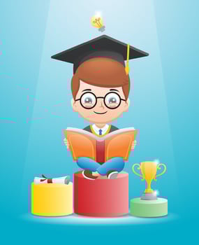 Boy cartoon in graduated costume reading book on podium with trophy and diploma vector