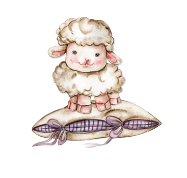 Watercolor hand drawn cute white fluffy sheep sitting on the soft pillow. Illustration of farm baby animal.Perfect for wedding invitation,greetings card,poster, fabric pattern. png