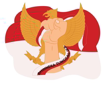 pancasila day celebration. illustration of garuda and a hand holding a red and white flag vector