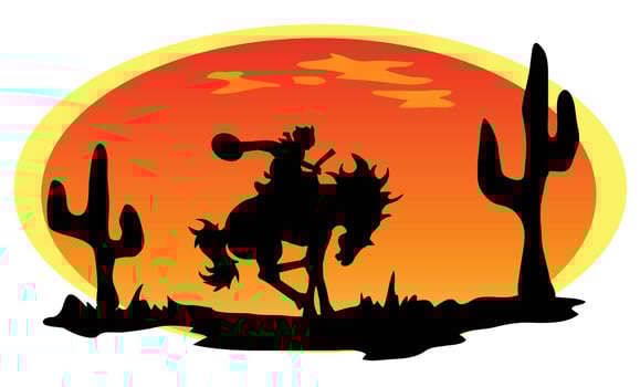 man with horse sunset silhouette on a hill, fir trees, and birds. vector